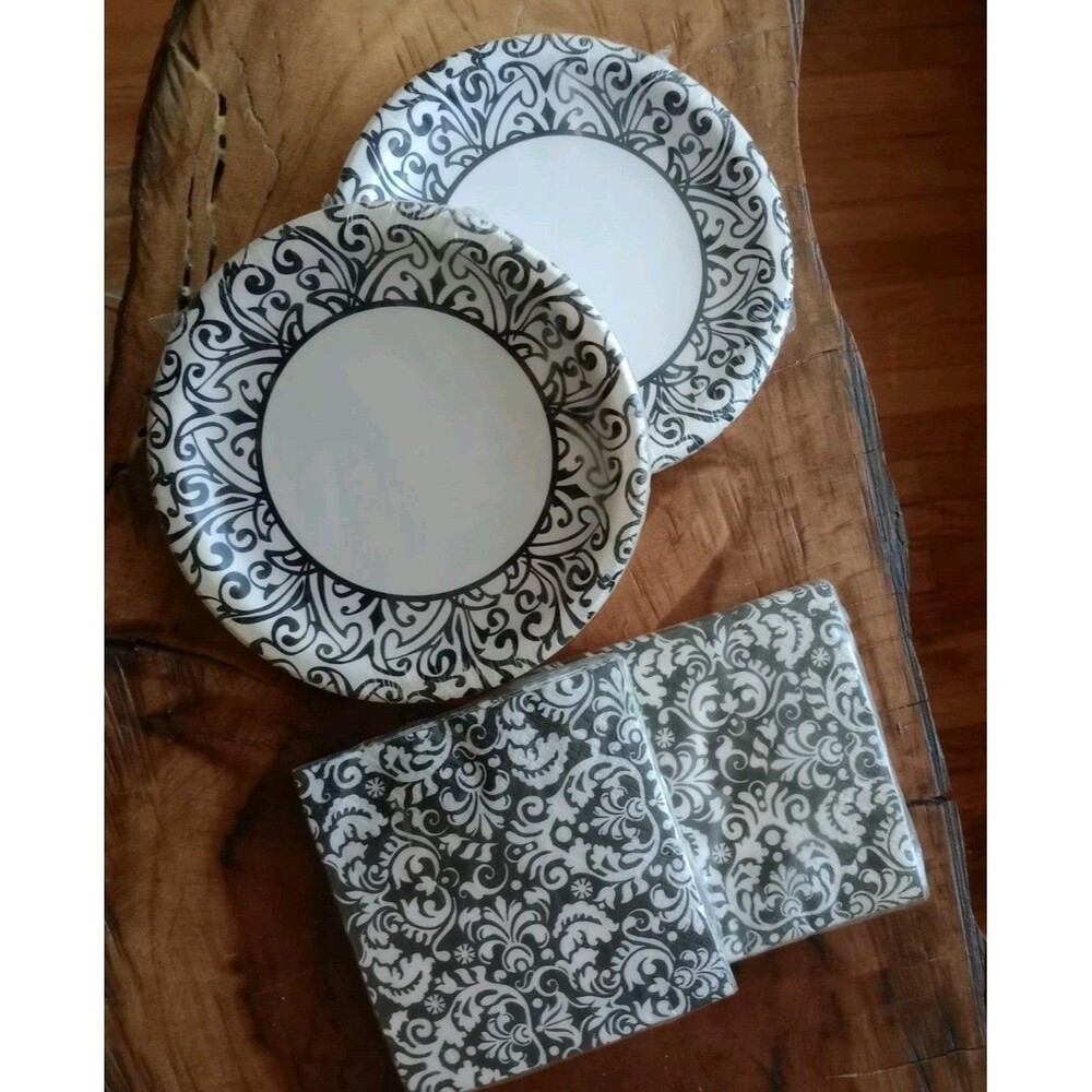 Black & White Damask Paper Napkin Set & Matching Paper Plate Bundle 4 Pkgs New